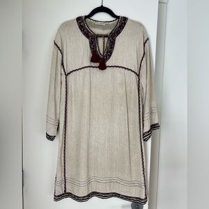 Ulla Johnson linen caftan dress with rich embroidered trim.